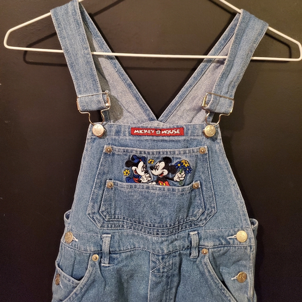 Vintage gently used Mickey & Minnie bib overalls embroidered denim size 7